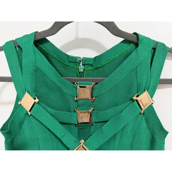 Herv Lger Green Bandage Dress Gold Hardware Bodycon S Emerald